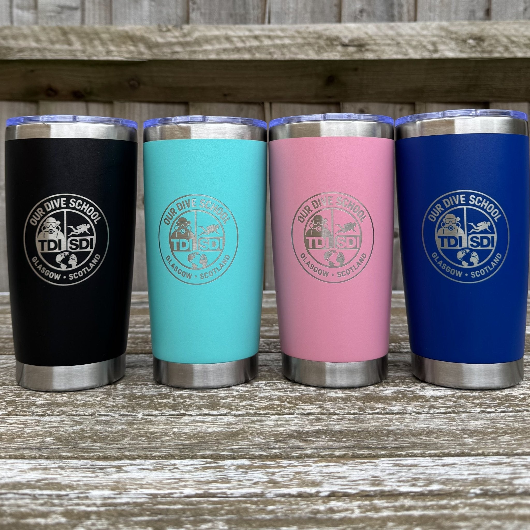 Four colour variants of engraved steel tumbler with custom logo – personalised insulated tumbler – Etch 'N' Shine