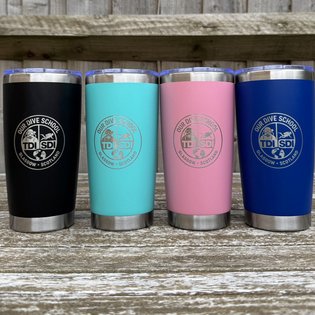 Four colour variants of engraved steel tumbler with custom logo – personalised insulated tumbler – Etch 'N' Shine