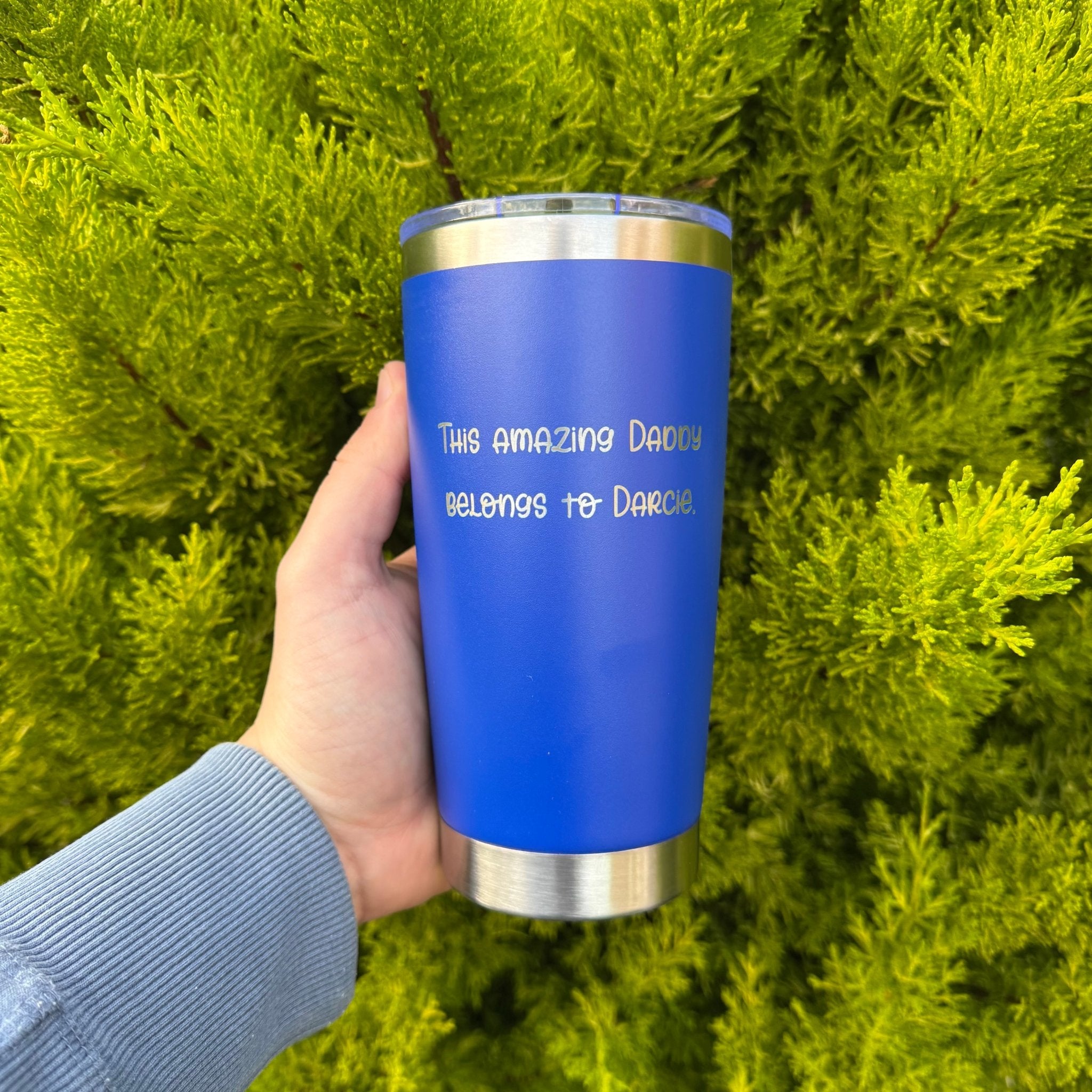 Blue insulated tumbler with personalised message – engraved steel travel tumbler – Etch 'N' Shine