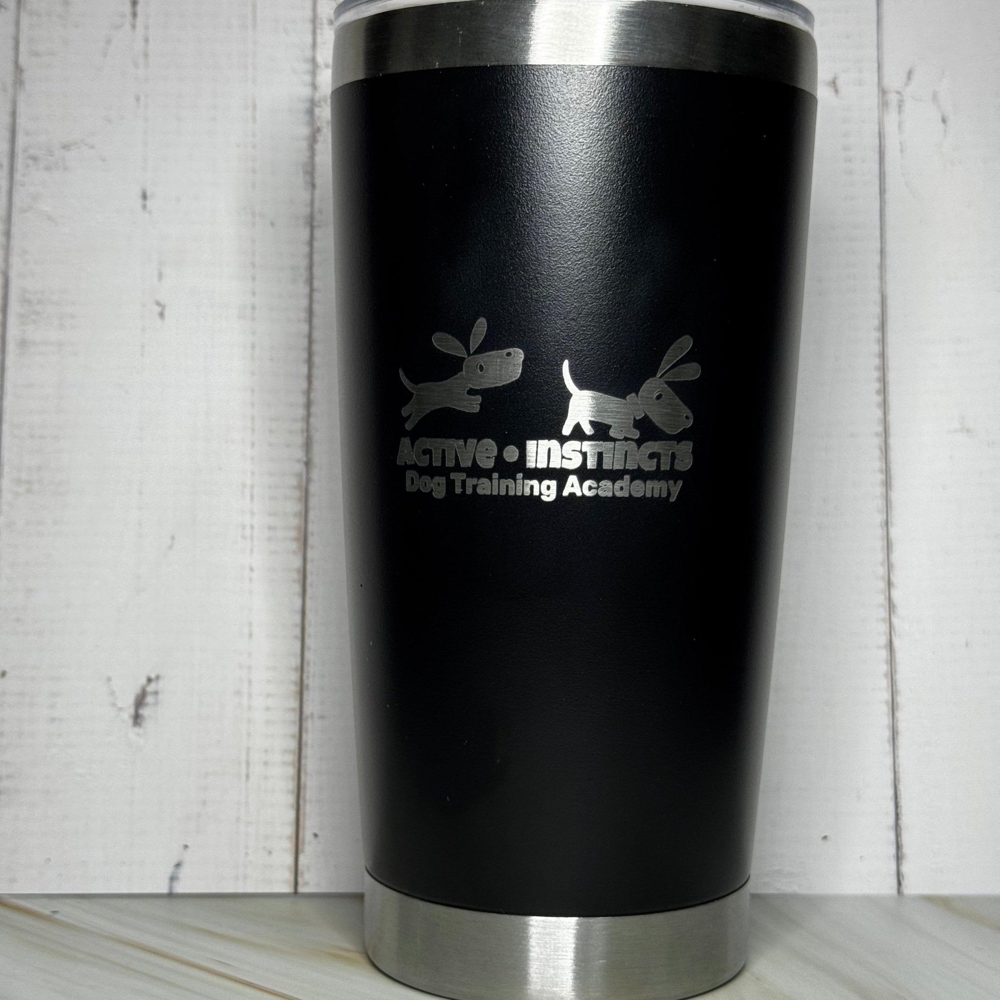 Black insulated tumbler with engraved custom logo and text – personalised stainless steel tumbler 560ml – Etch 'N' Shine