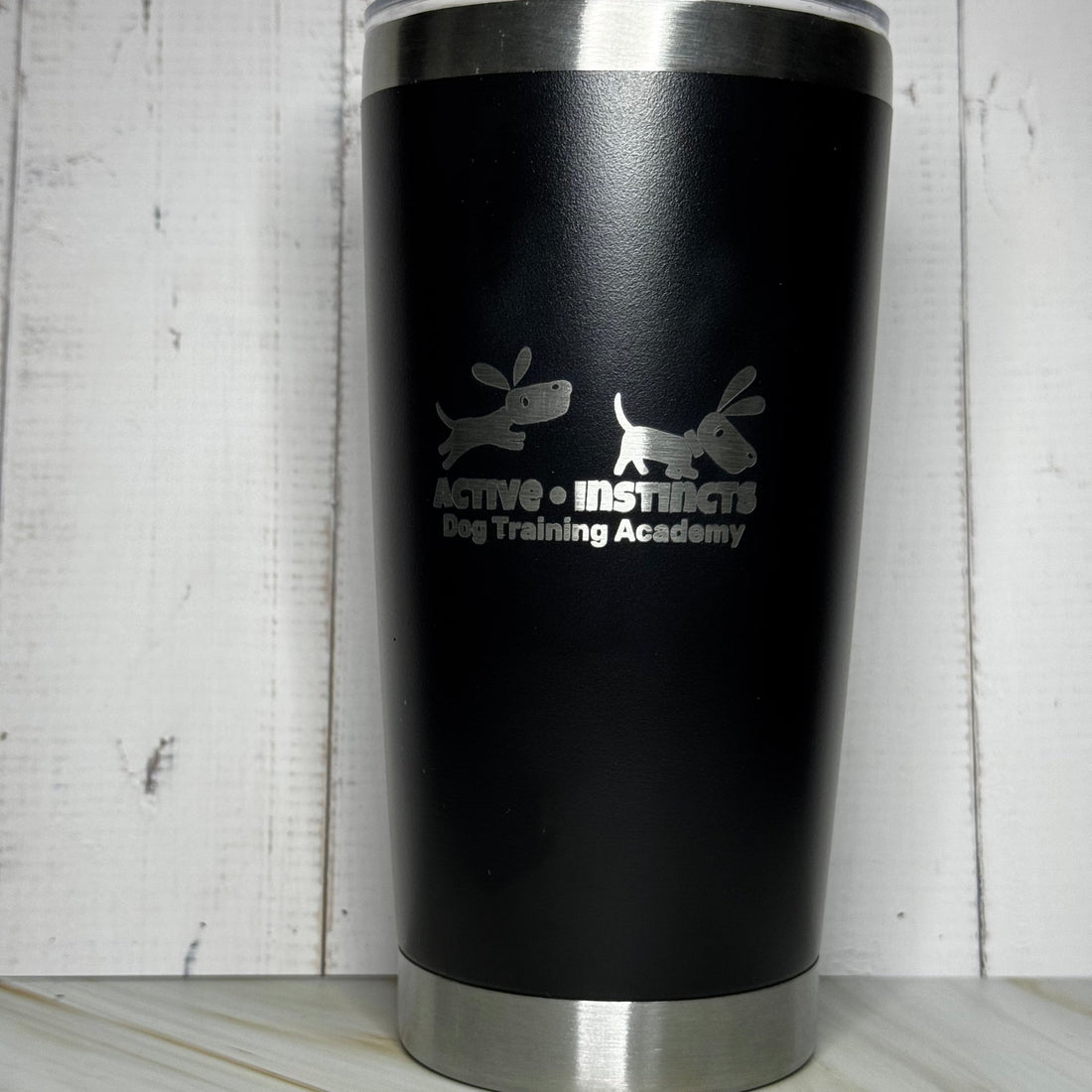 Black insulated tumbler with engraved custom logo and text – personalised stainless steel tumbler 560ml – Etch 'N' Shine
