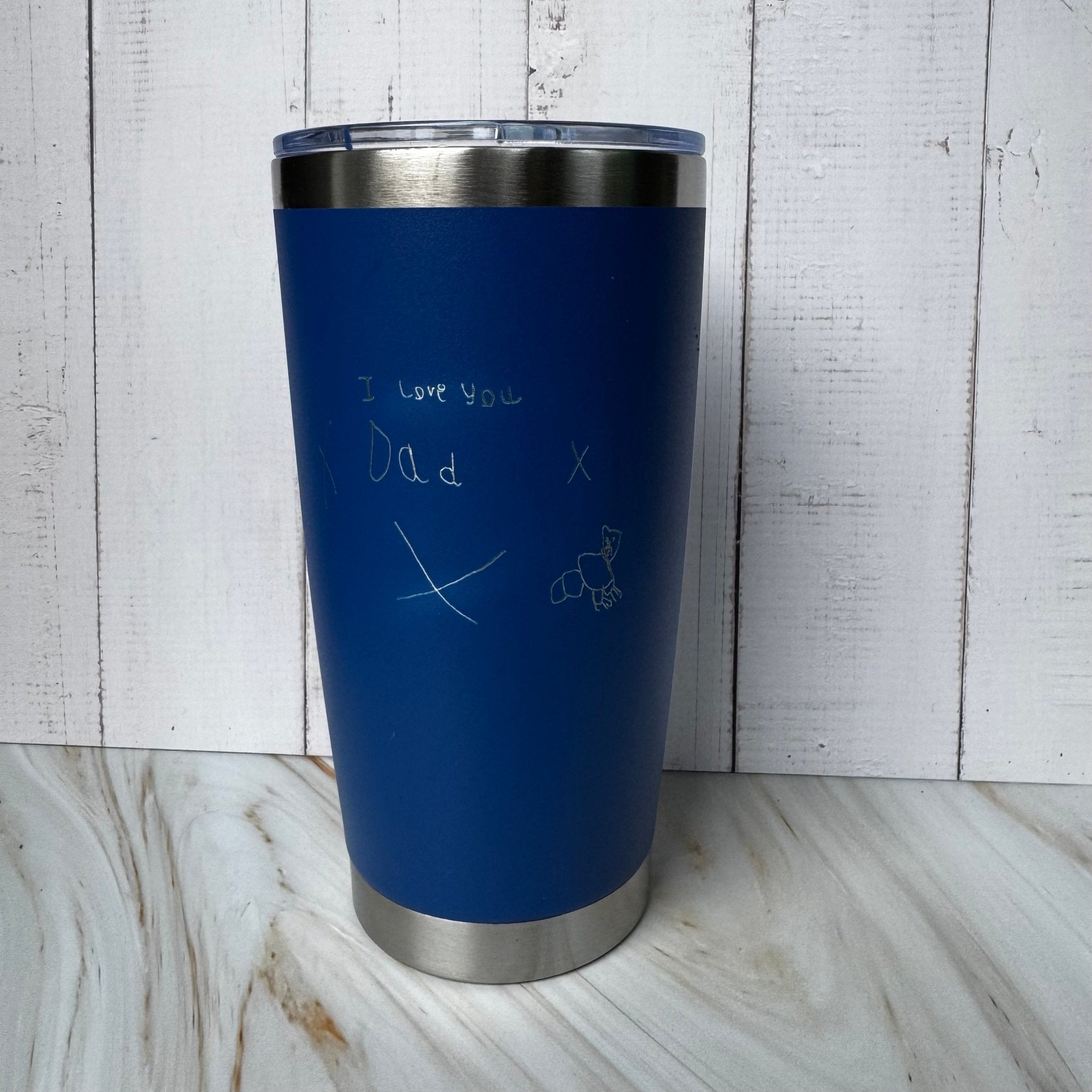 Navy blue tumbler engraved with personalised message and custom artwork – stainless steel insulated tumbler – Etch 'N' Shine