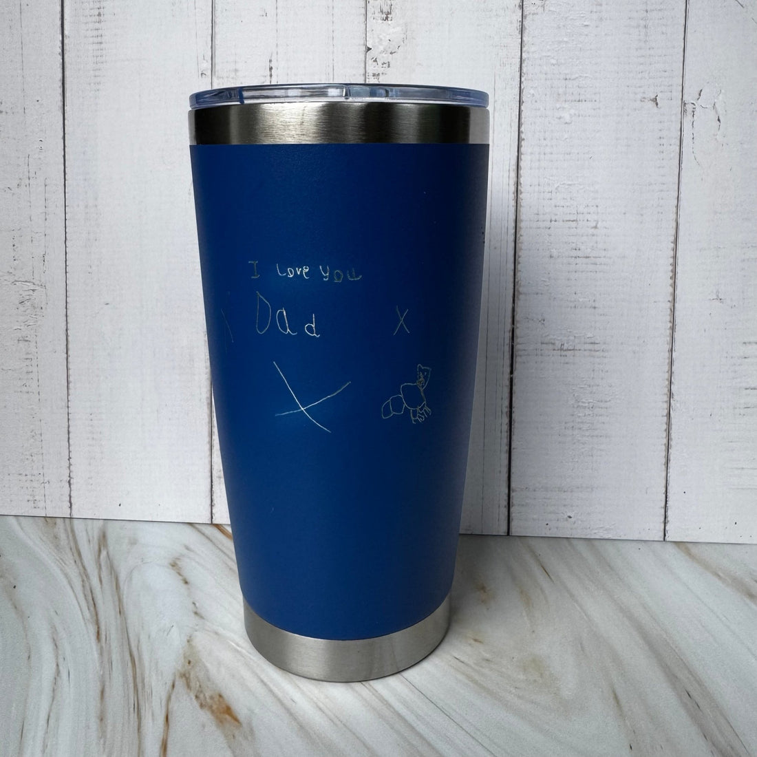 Navy blue tumbler engraved with personalised message and custom artwork – stainless steel insulated tumbler – Etch 'N' Shine