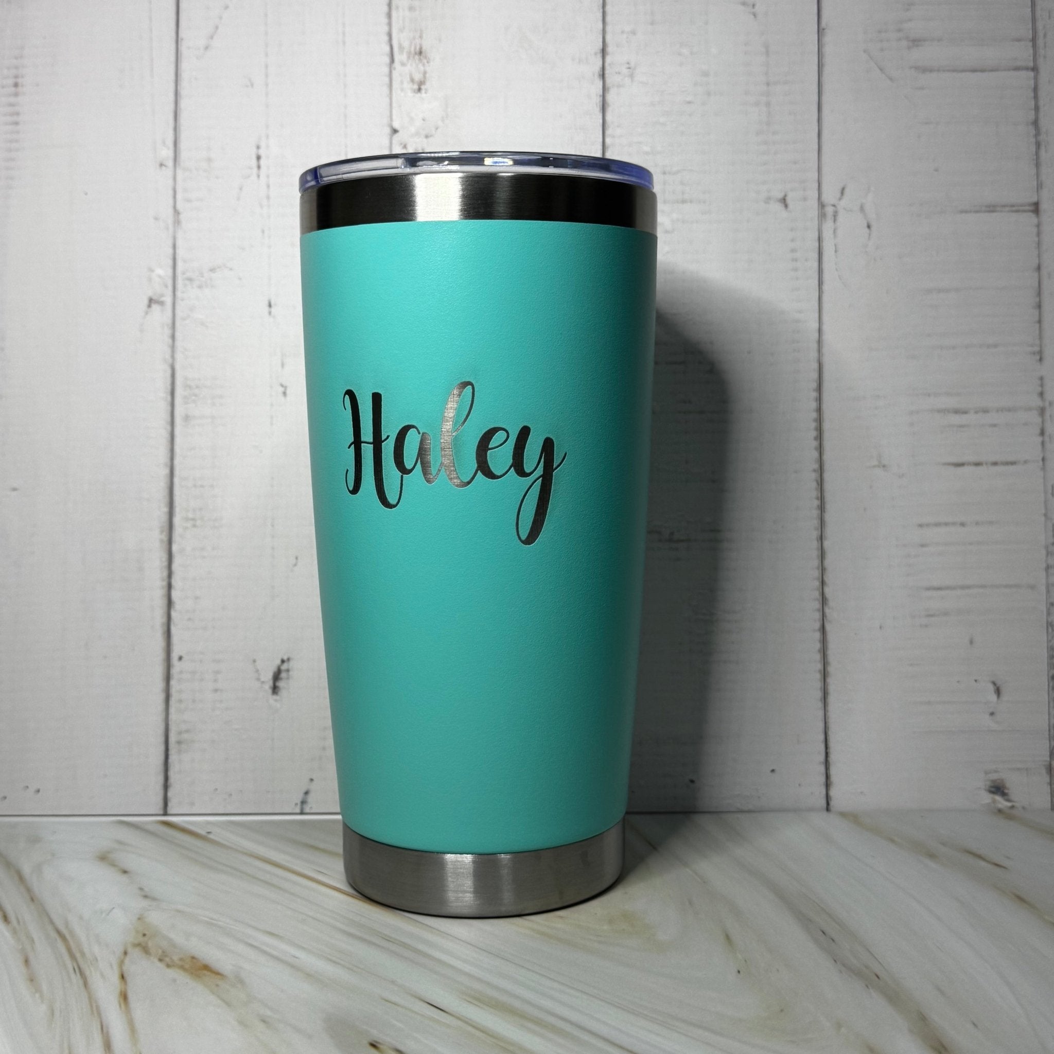 Teal insulated tumbler with engraved custom name in script font – personalised stainless steel tumbler – Etch 'N' Shine