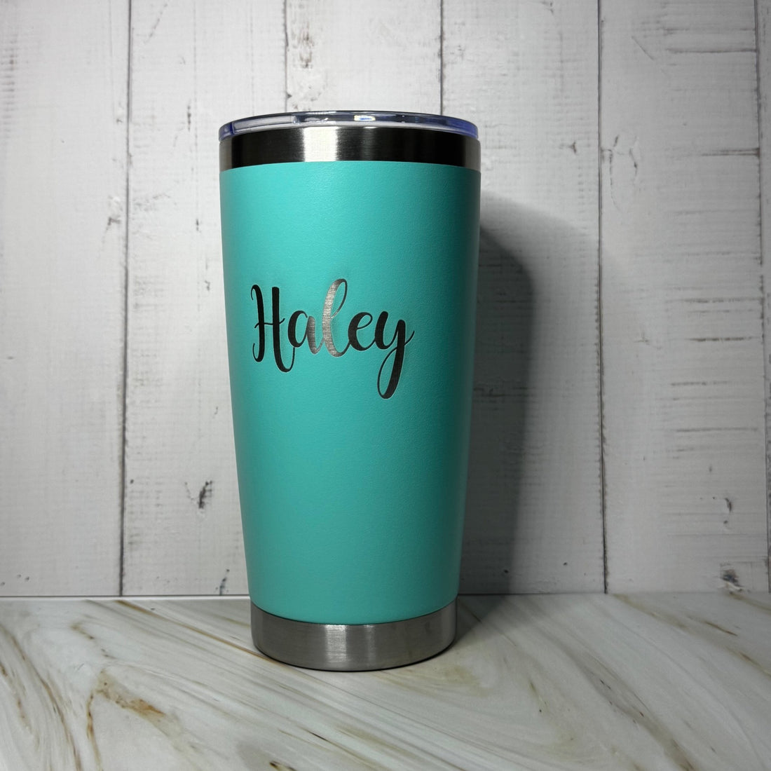 Teal insulated tumbler with engraved custom name in script font – personalised stainless steel tumbler – Etch 'N' Shine
