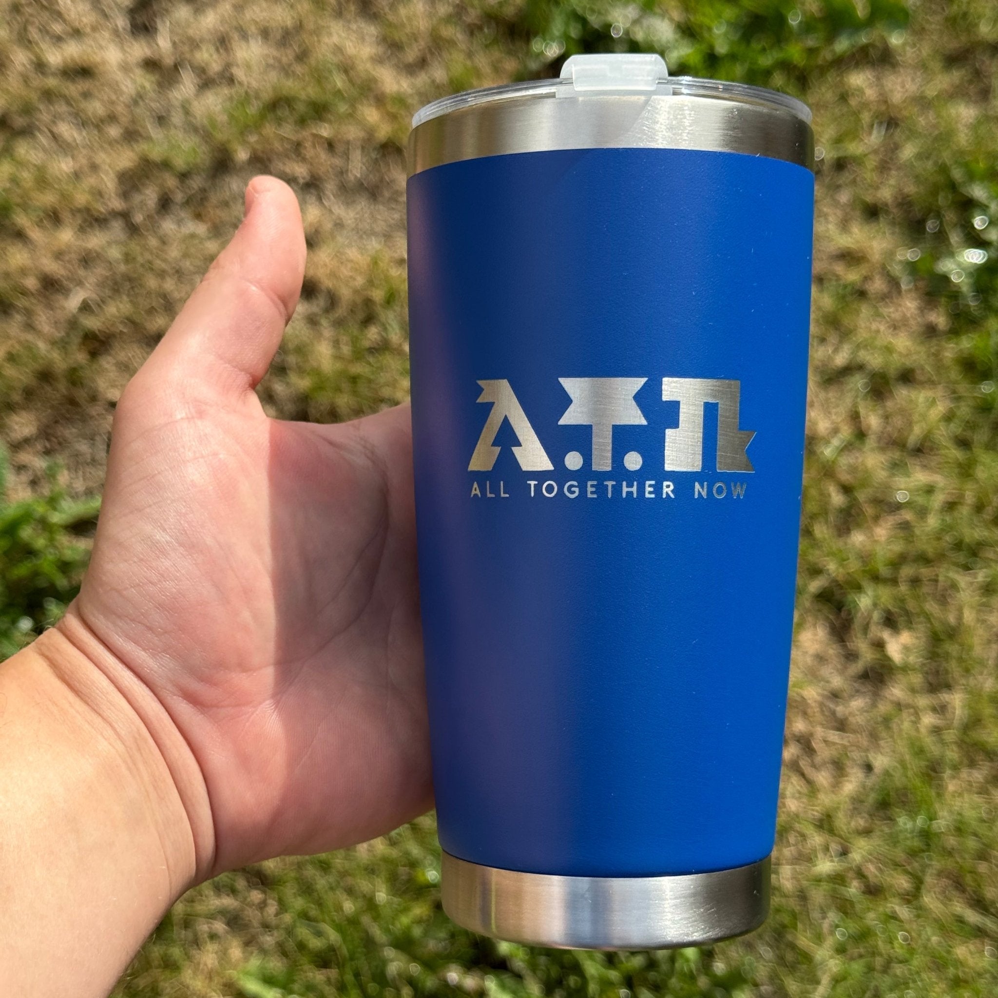 Blue insulated tumbler with engraved custom logo – personalised steel tumbler – Etch 'N' Shine