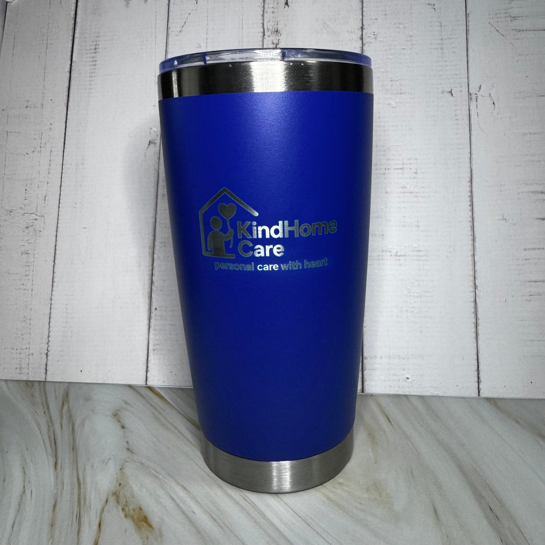 Blue insulated tumbler with engraved logo – personalised steel tumbler – Etch 'N' Shine