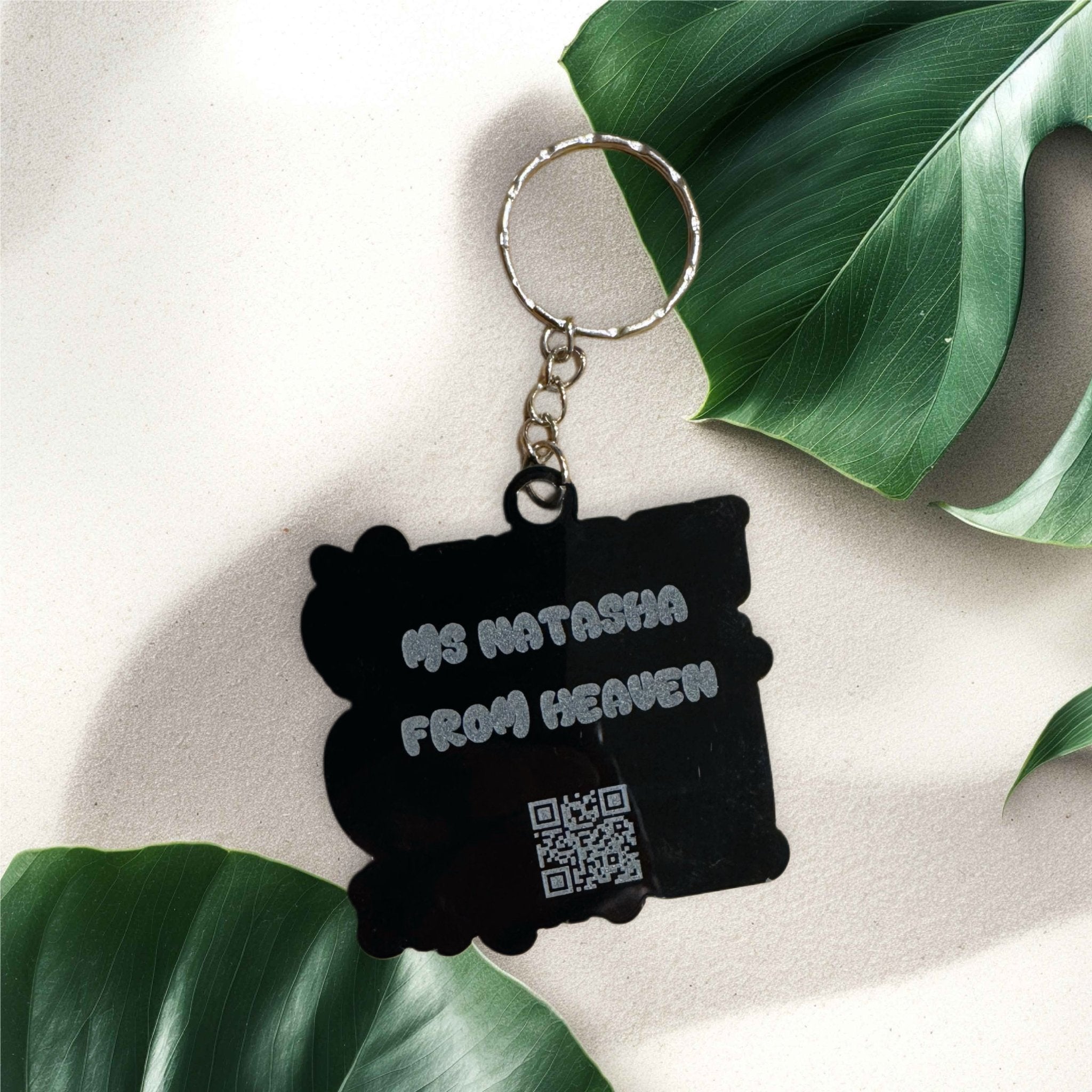 Black acrylic keyring with custom text and QR code – personalised teacher keyring – Etch 'N' Shine