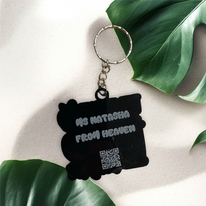 Black acrylic keyring with custom text and QR code – personalised teacher keyring – Etch 'N' Shine