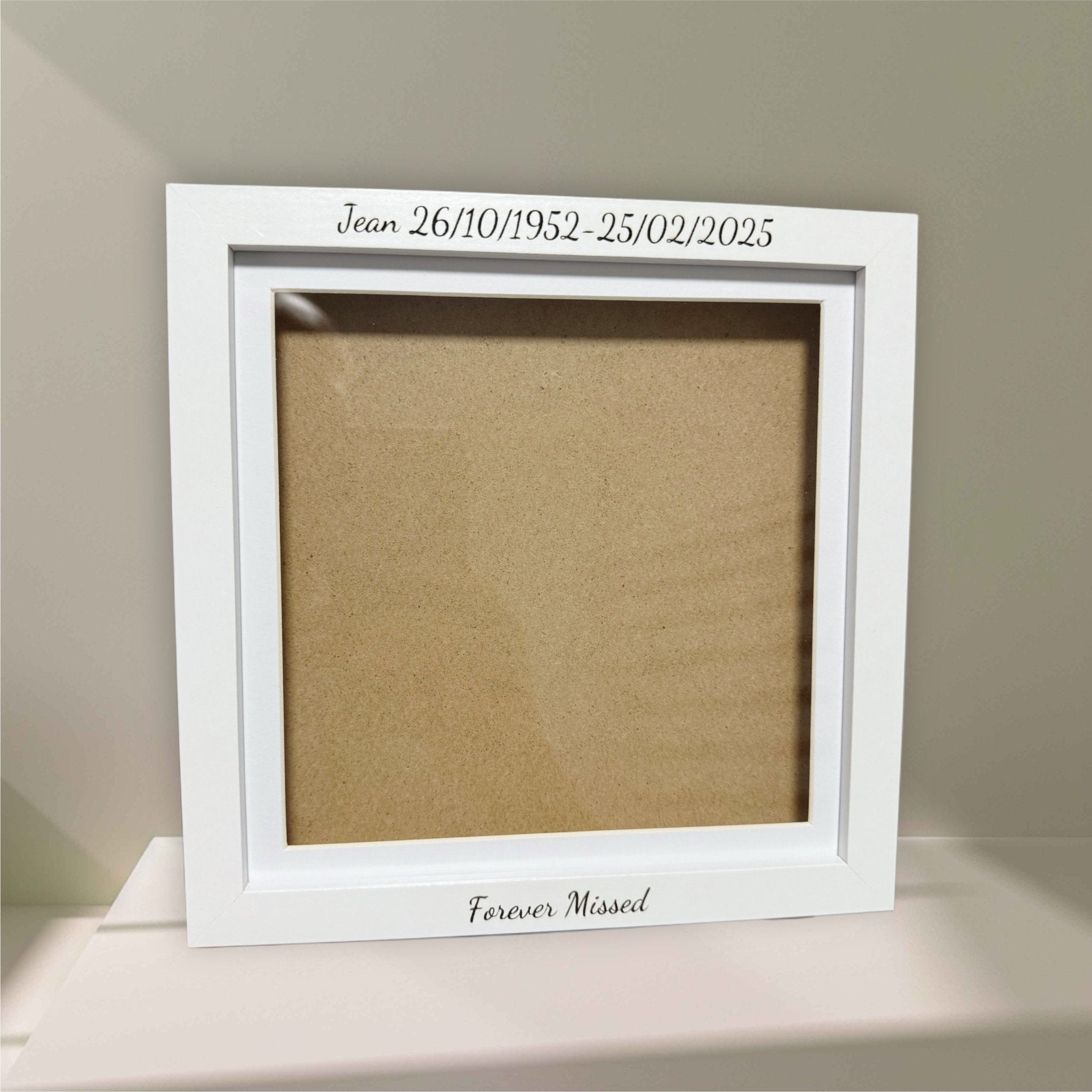 White frame engraved with custom name and dates – personalised memorial photo frame – Etch 'N' Shine