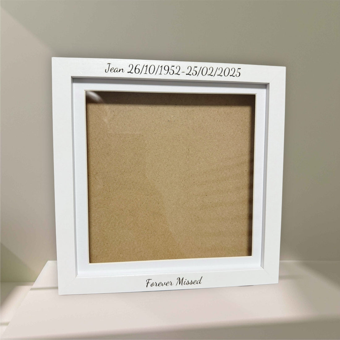 White frame engraved with custom name and dates – personalised memorial photo frame – Etch 'N' Shine