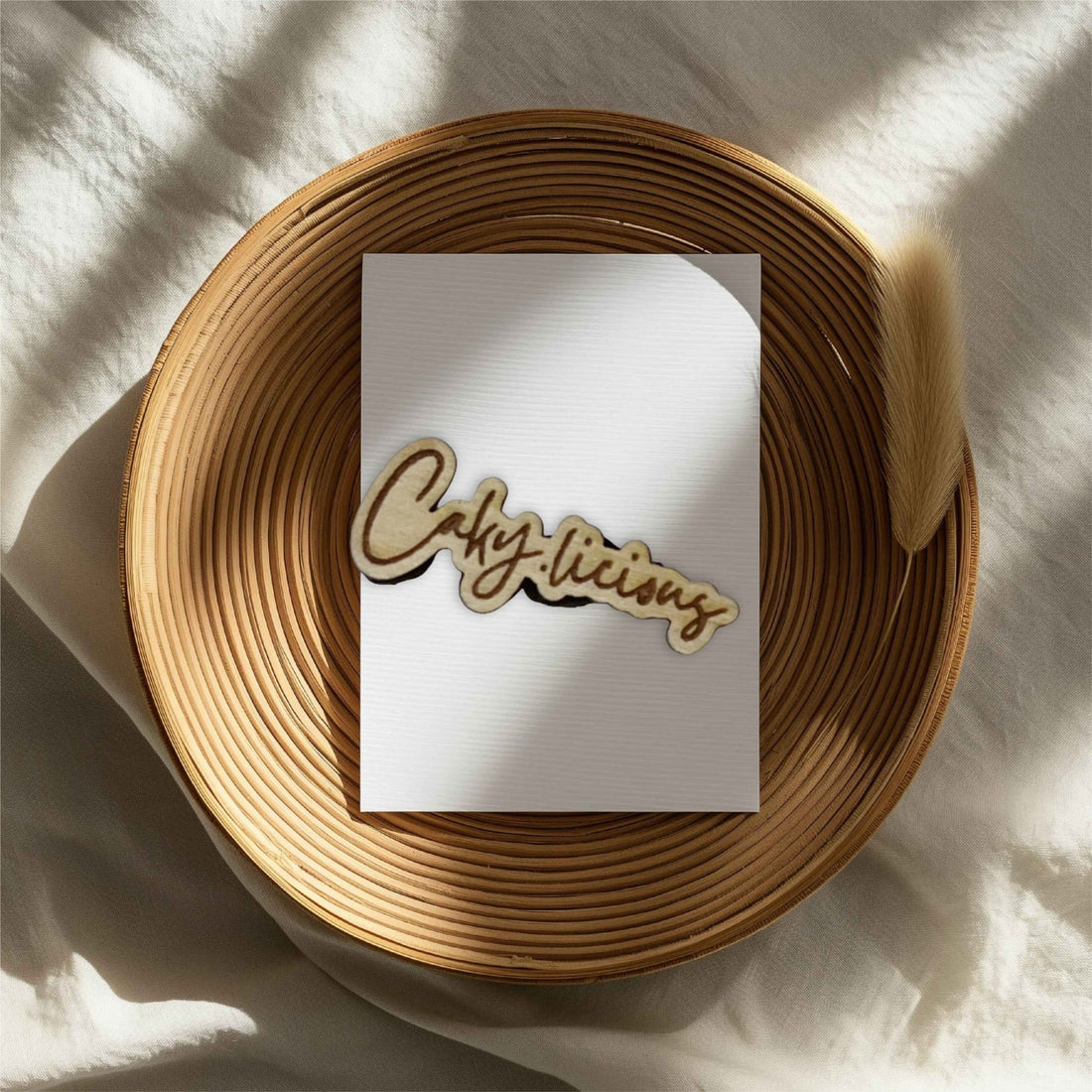 Engraved wooden cake tag with custom text on card – personalised wood tag – Etch 'N' Shine
