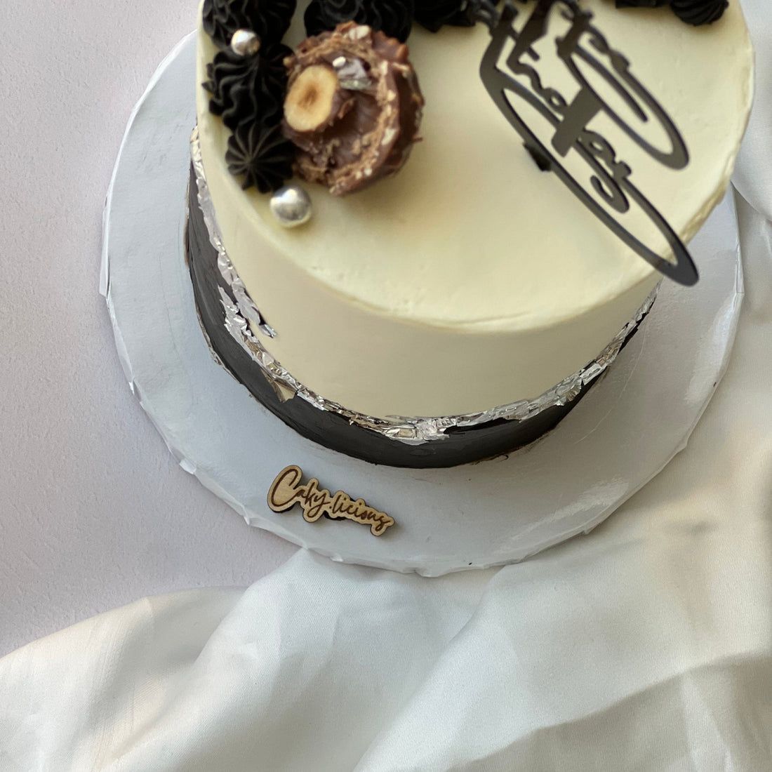 Engraved wooden cake tag with custom text displayed on a decorated cake – personalised wooden cake tag – Etch 'N' Shine