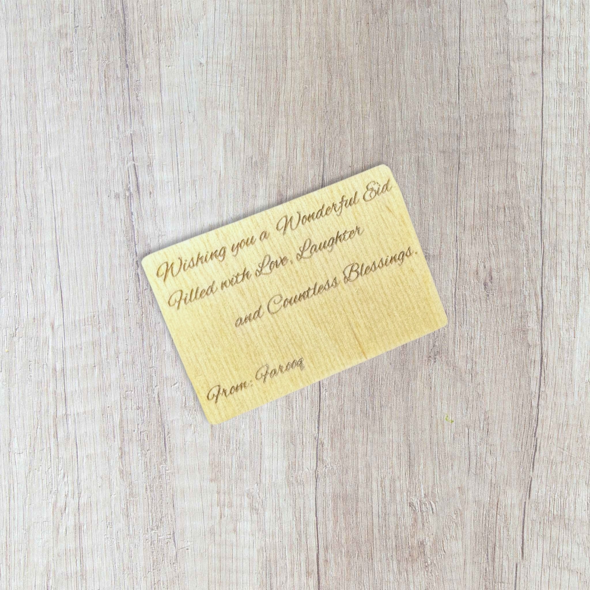 Wooden card with personalised message – engraved wooden Eid money holder – Etch 'N' Shine