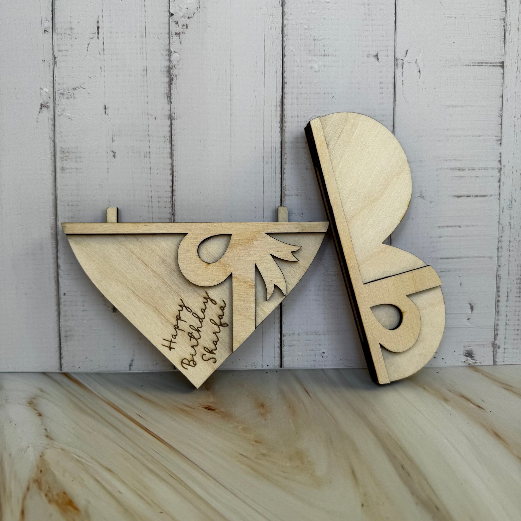 Wooden heart card holder with personalised message, shown flat-packed – engraved wood gift – Etch 'N' Shine