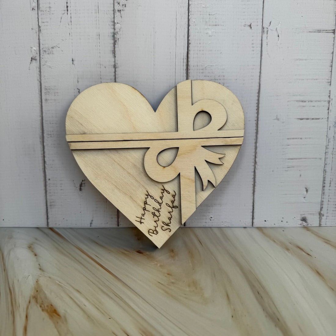 Heart-shaped wooden gift card holder with bow and custom message – personalised wood heart – Etch 'N' Shine