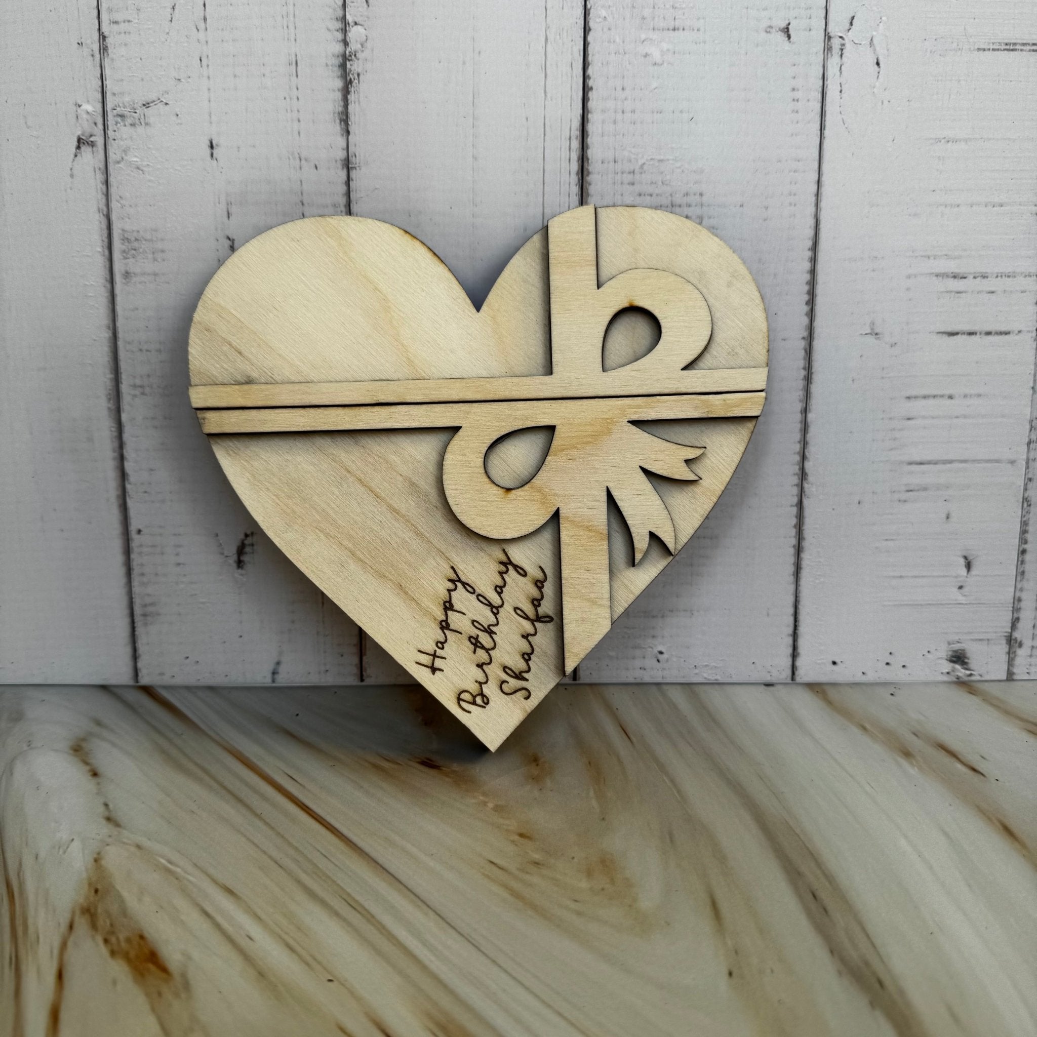 Wooden heart gift card holder with bow detail and custom message – personalised wood heart – Etch 'N' Shine