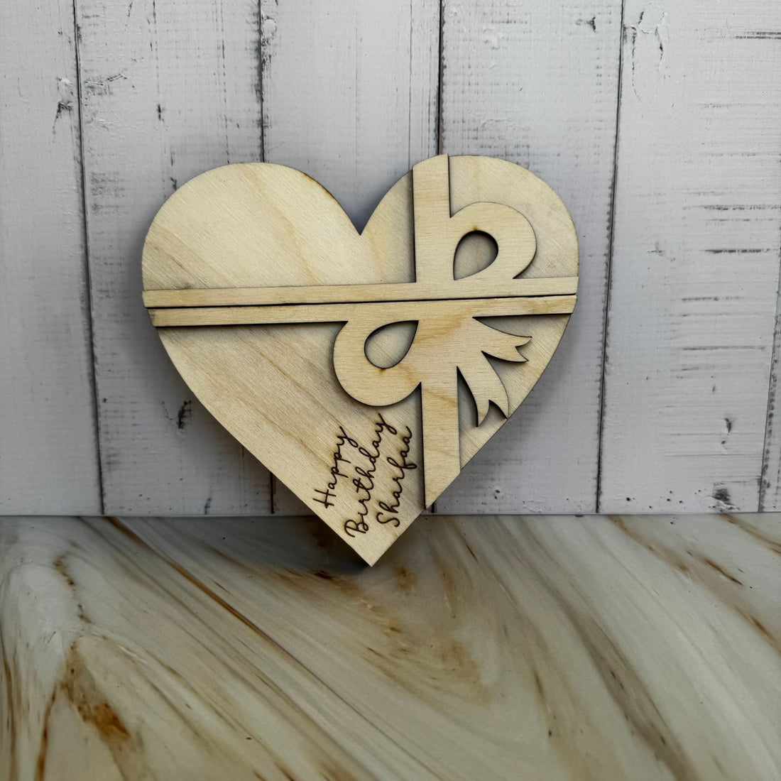 Wooden heart gift card holder with bow detail and custom message – personalised wood heart – Etch 'N' Shine