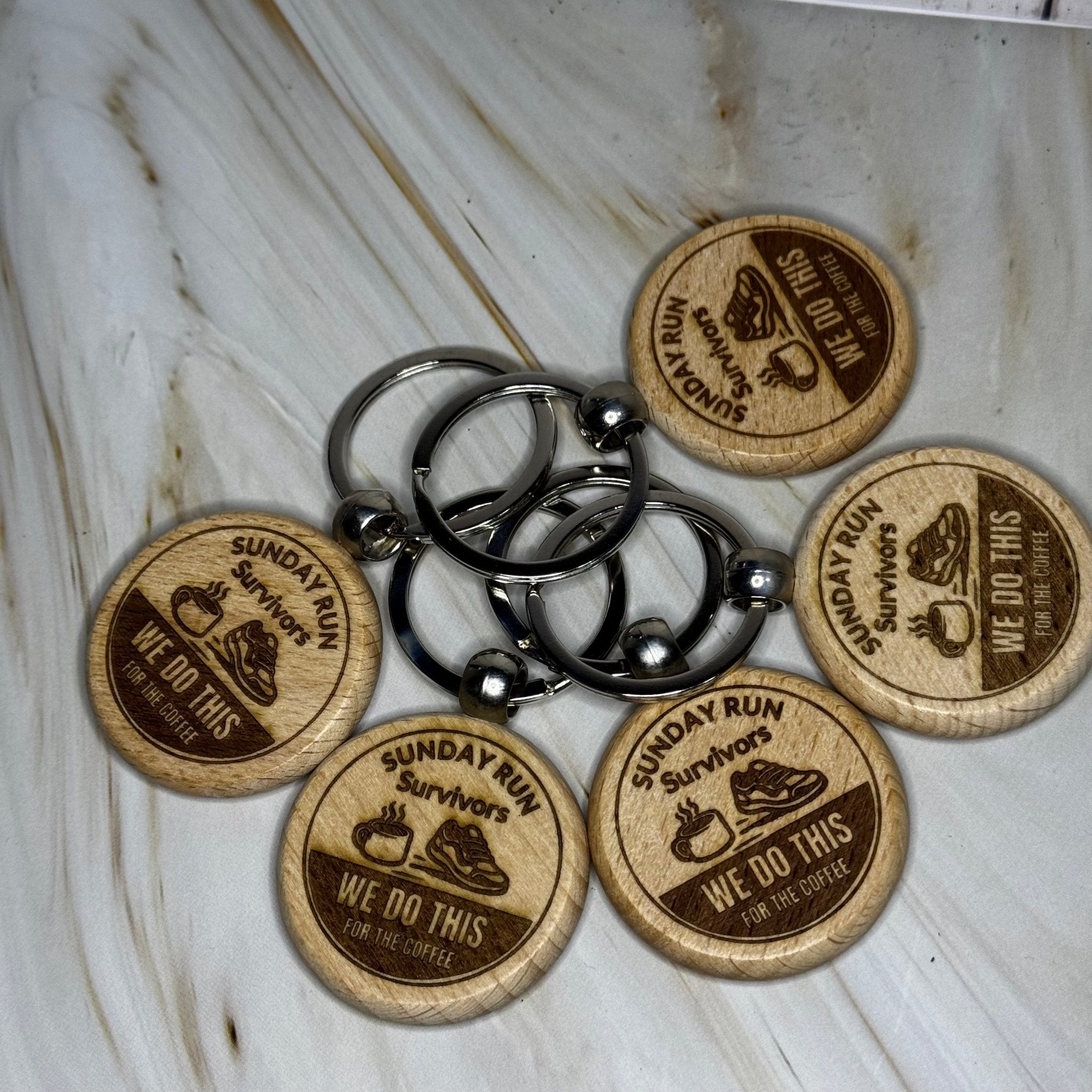 Round wooden keyrings with engraved custom text – personalised wooden keyrings – Etch 'N' Shine