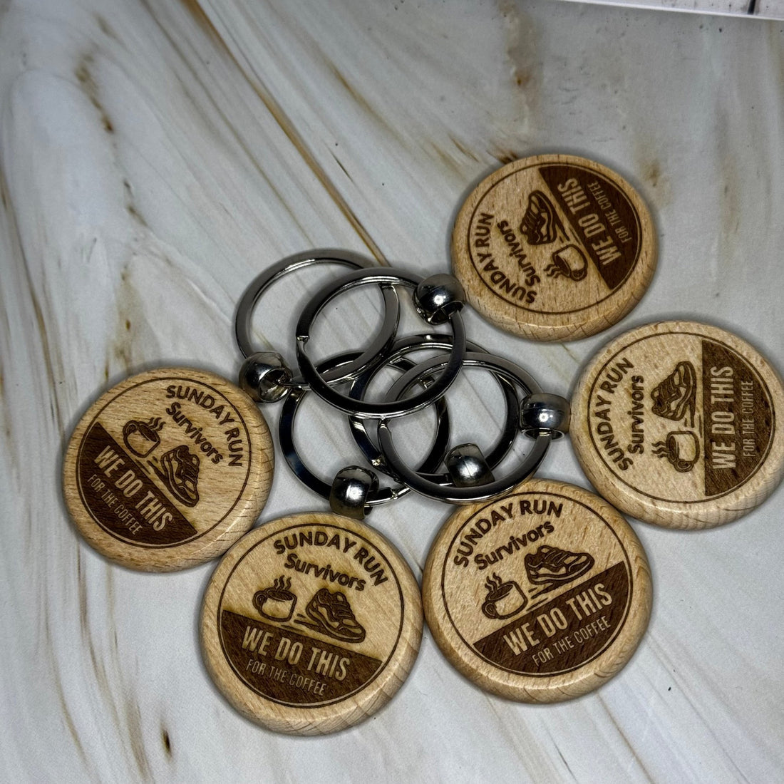 Round wooden keyrings with engraved custom text – personalised wooden keyrings – Etch 'N' Shine