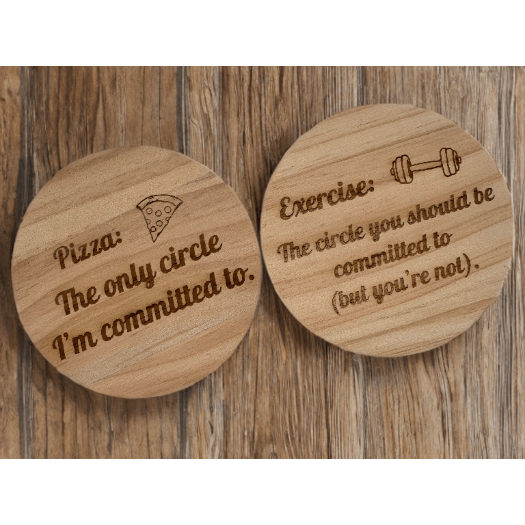 Two round wooden coasters with engraved novelty text – engraved wooden coaster set – Etch 'N' Shine