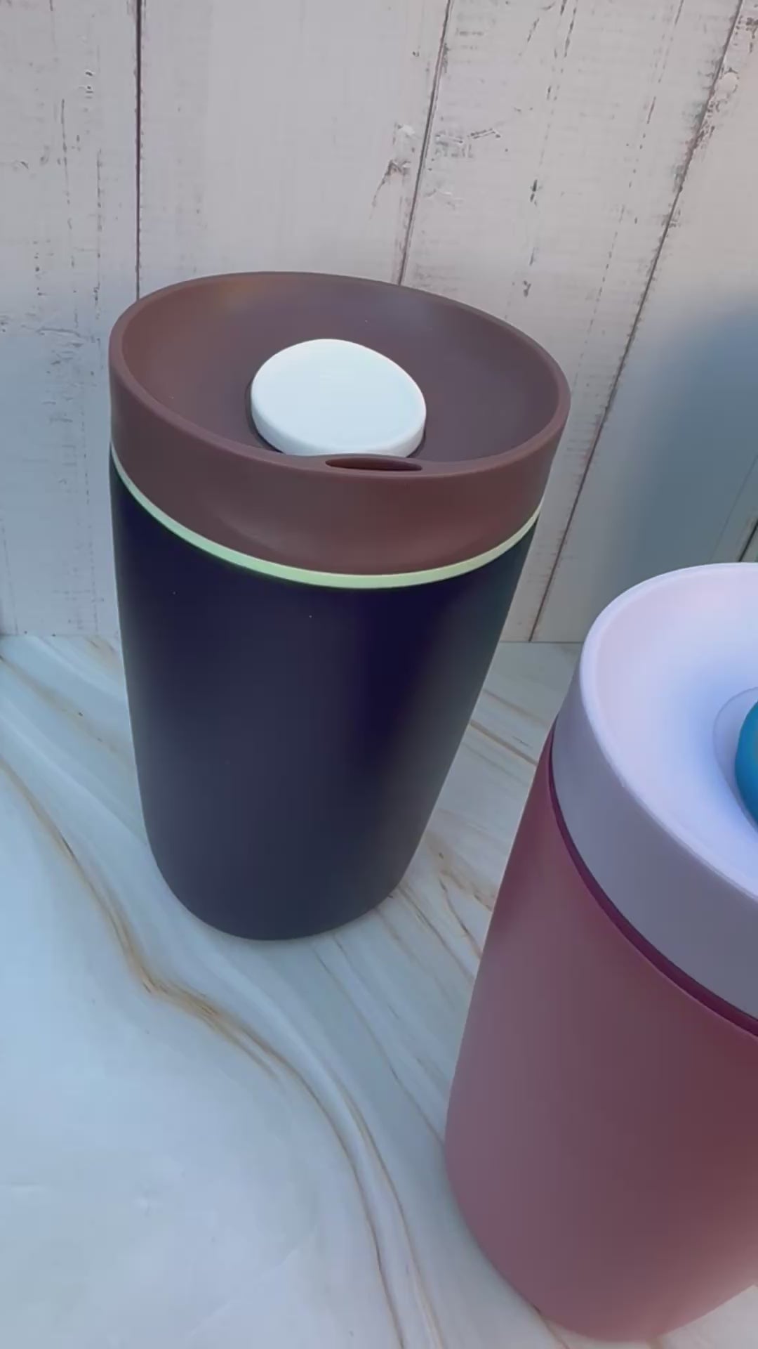 Set of multi-colour stainless steel tumblers. Blue, navy, pink and mauve.