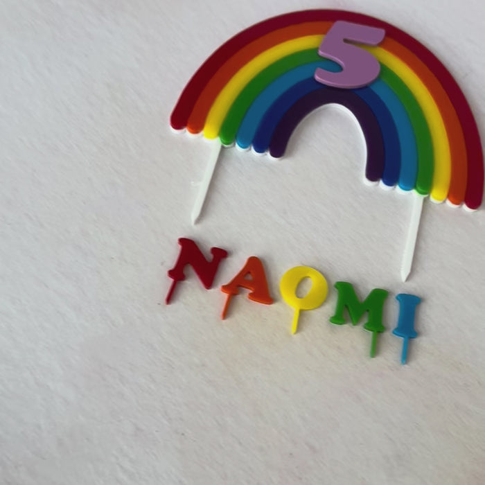 Video of a rainbow number 5 and NAOMI acrylic cake topper set – Etch 'N' Shine