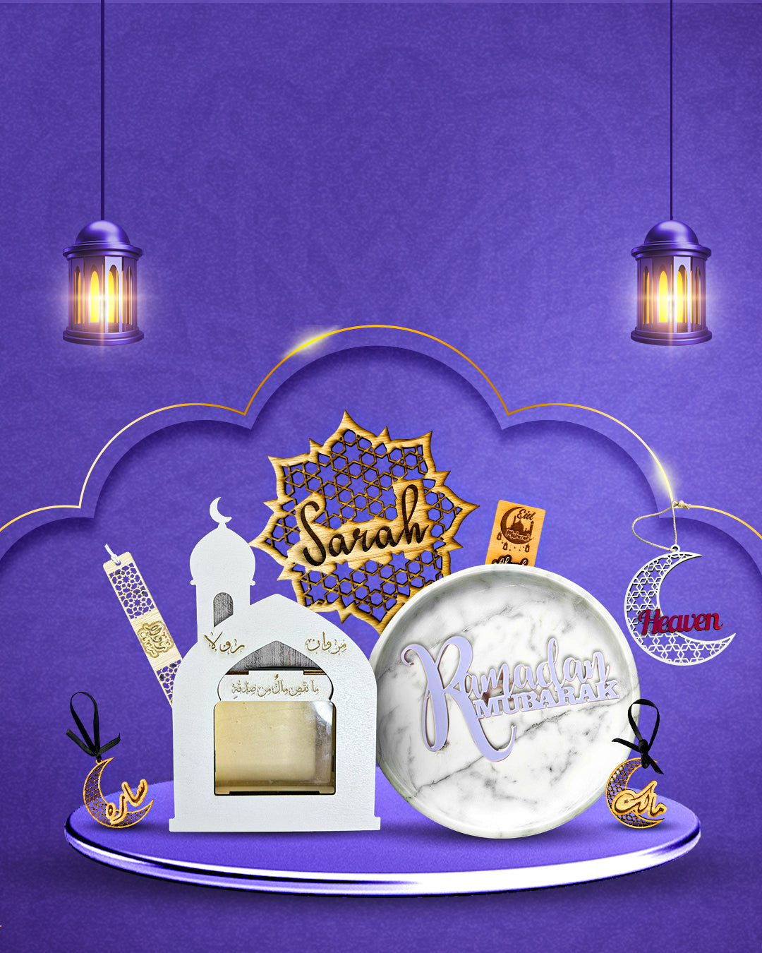 Decorative items with 'Sarah' and 'Heaven' on a purple background with lanterns.