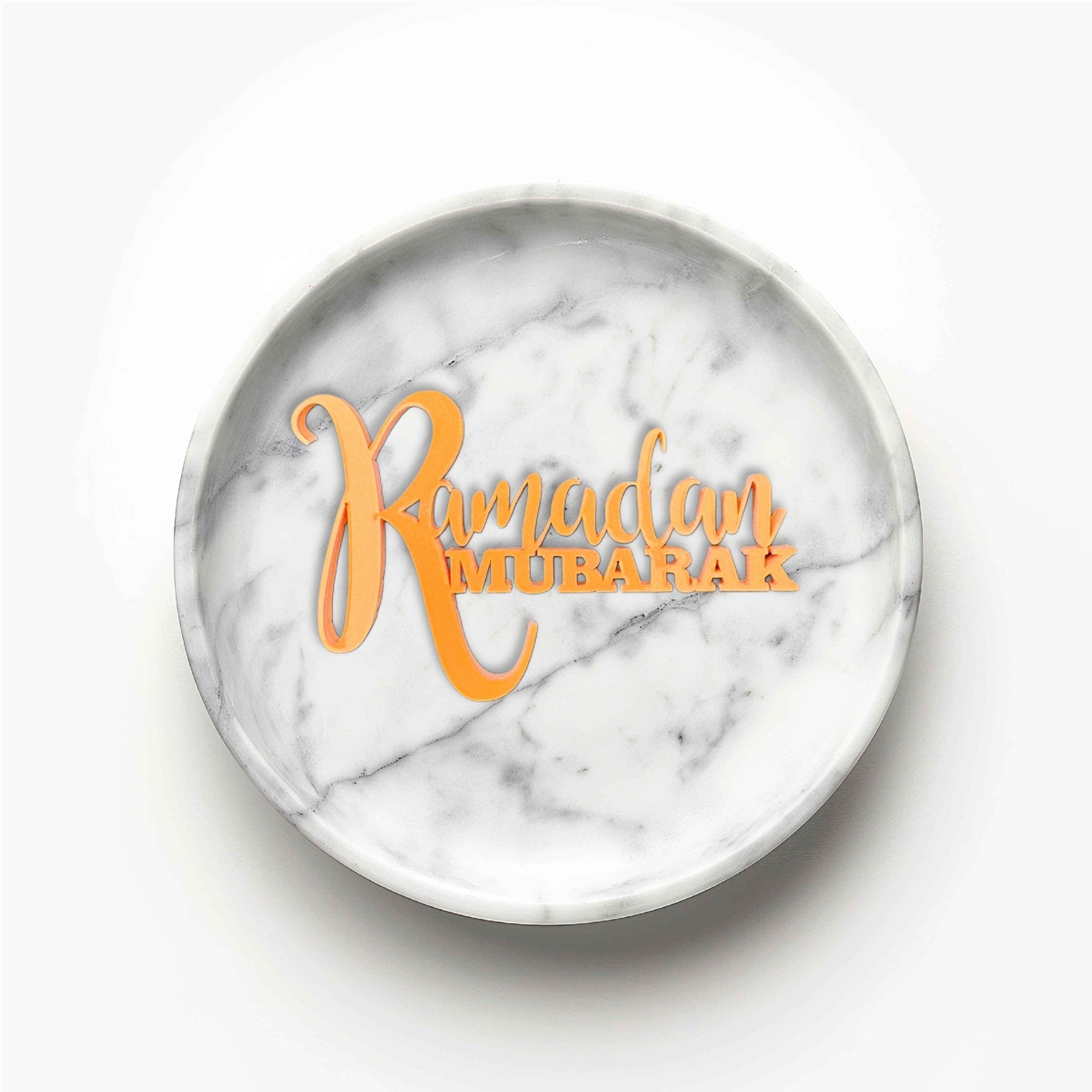 Round marble-effect trinket dish with orange acrylic custom text topper – personalised acrylic cake topper – Etch 'N' Shine