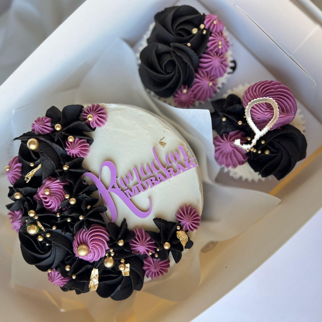 Laser-cut acrylic cake topper with custom text on decorated cake in white gift box – acrylic cake topper – Etch 'N' Shine