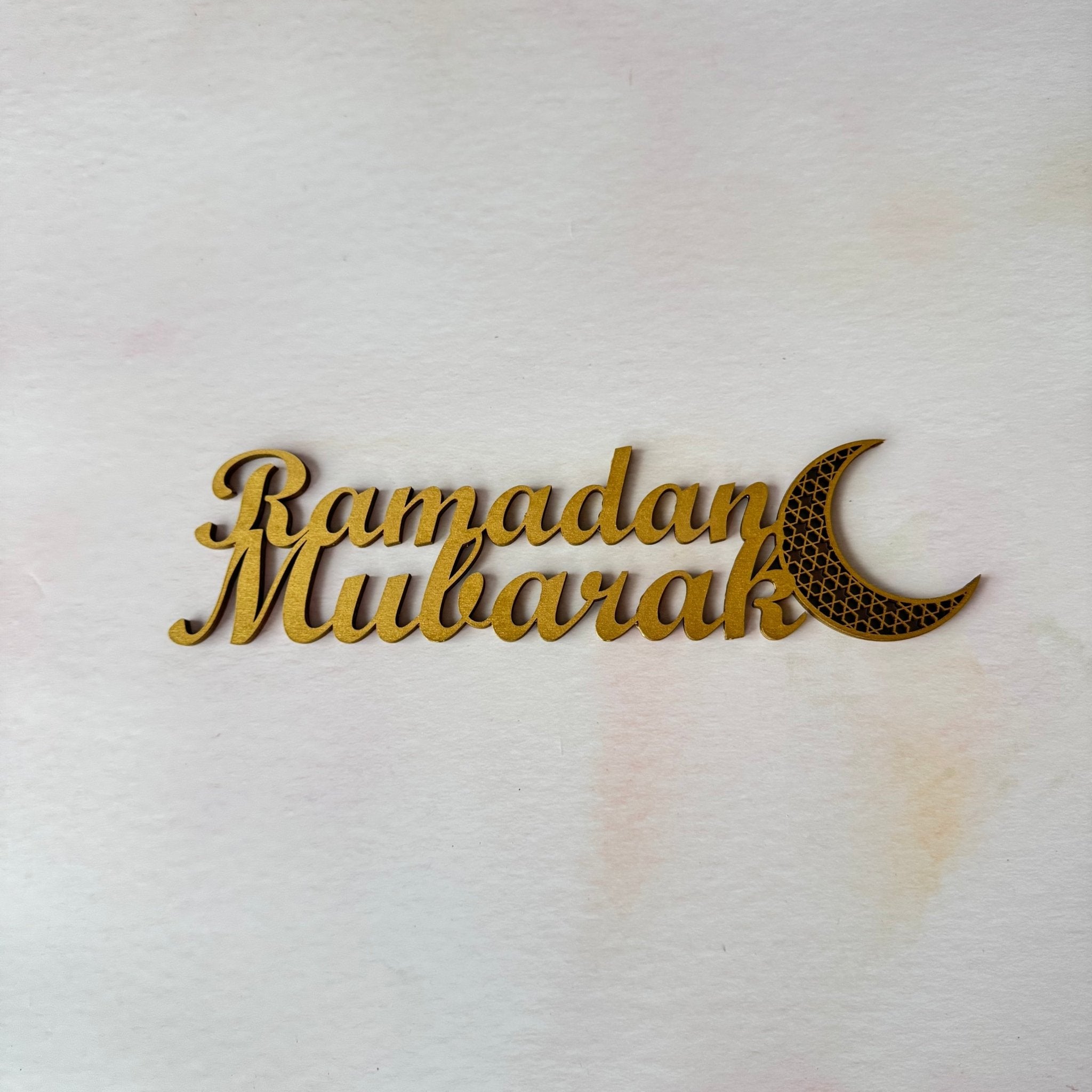 Laser-cut wooden Ramadan Mubarak sign with crescent moon detail in gold finish – wooden decorative sign – Etch 'N' Shine