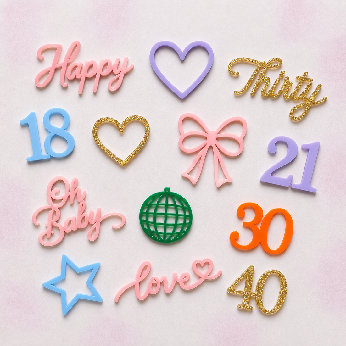 Collection of colorful birthday and decorative lettering on a light pink background - Etch 'N' Shine
