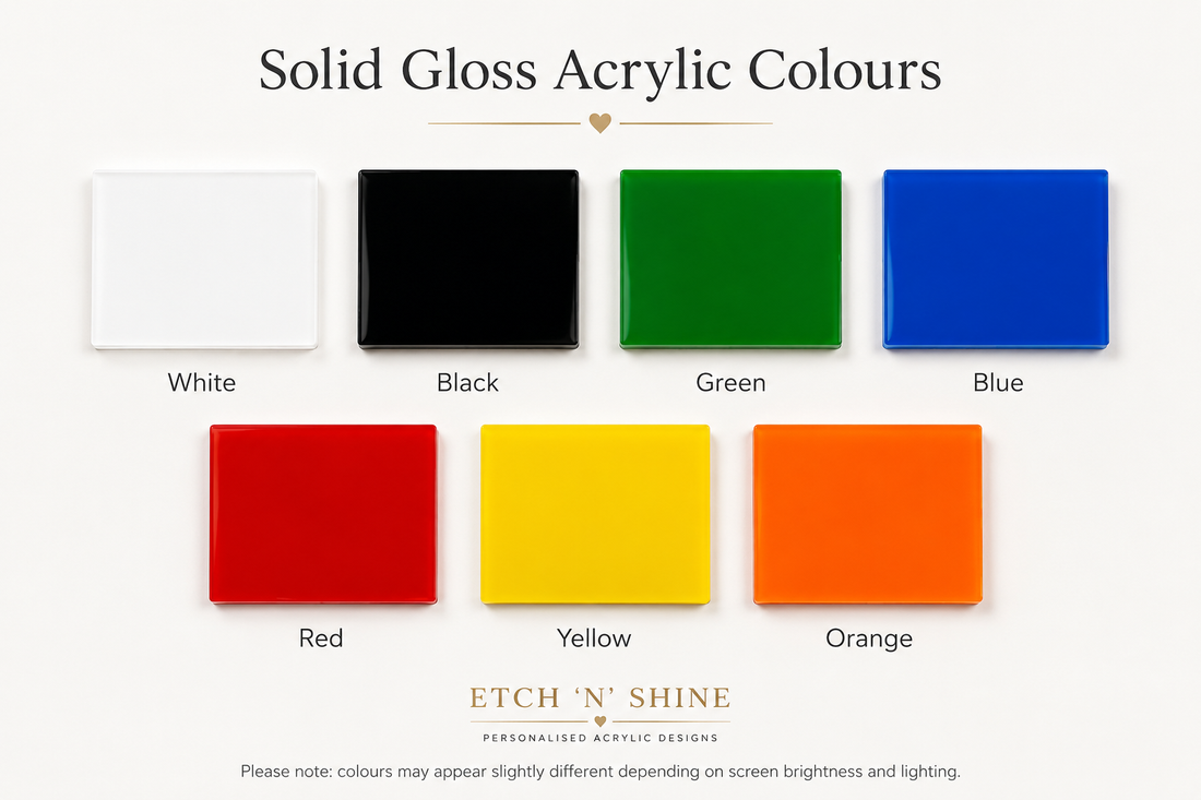 Solid gloss acrylic colors displayed with labels on a white background