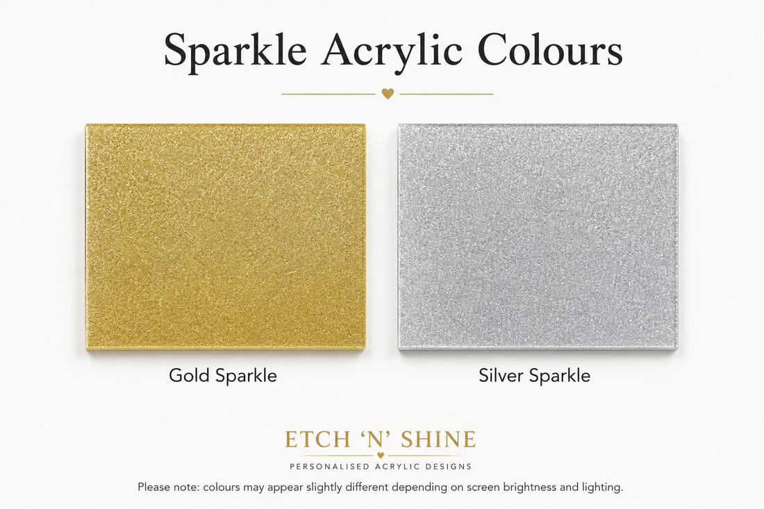 Gold and silver sparkle acrylic colours with Etch 'N Shine branding on a white background.