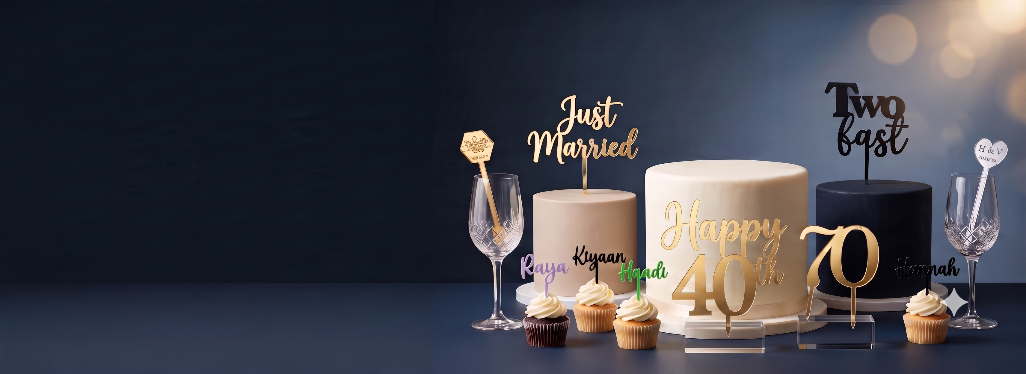 Three decorated birthday cakes with gold topper text reading 'Just Married', 'Happy 40th', and 'Two bastards', displayed on a dark blue background with champagne glasses and cupcakes.