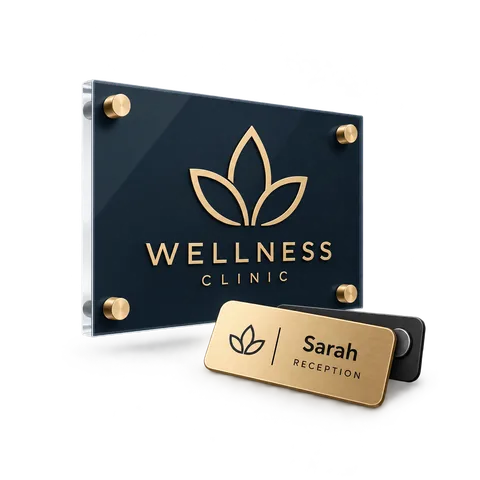 Custom acrylic wall sign for a wellness clinic and an engraved gold reception name badge