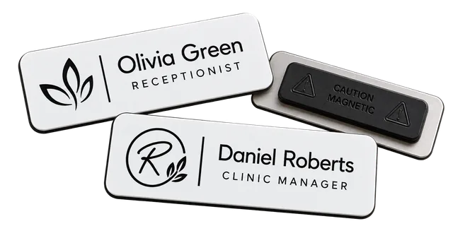 Two engraved acrylic name badges with magnetic clip backing