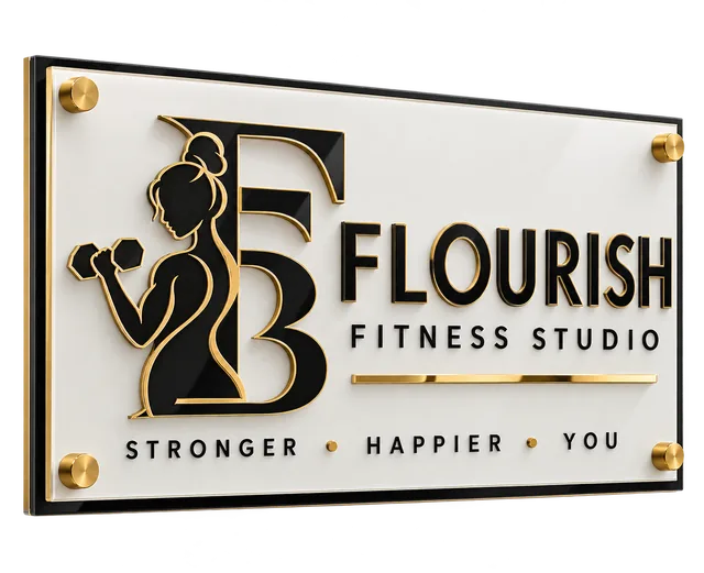 Rectangular acrylic business sign with dimensional lettering for Flourish Fitness Studio